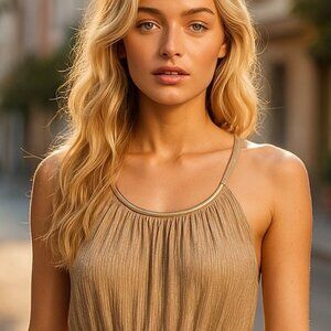 CACHE Metallic Gold Tank Top S Gold Bar Neckline Tie Back Luxury Y2K